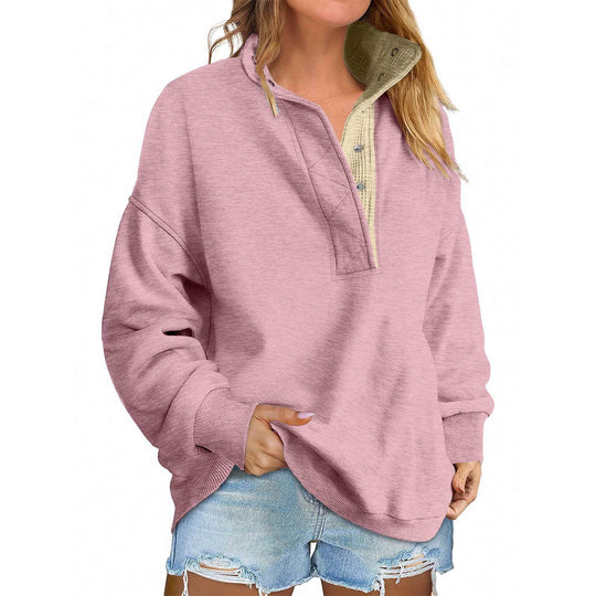 Damen Oversize-Henley-Sweatshirt mit Stehkragen und Druckknopfleiste Nord Taschen