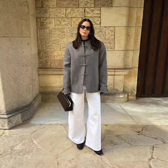 Damen Boxy Wollmix-Kurzjacke mit Knebelverschlüssen und Stehkragen Nord Taschen