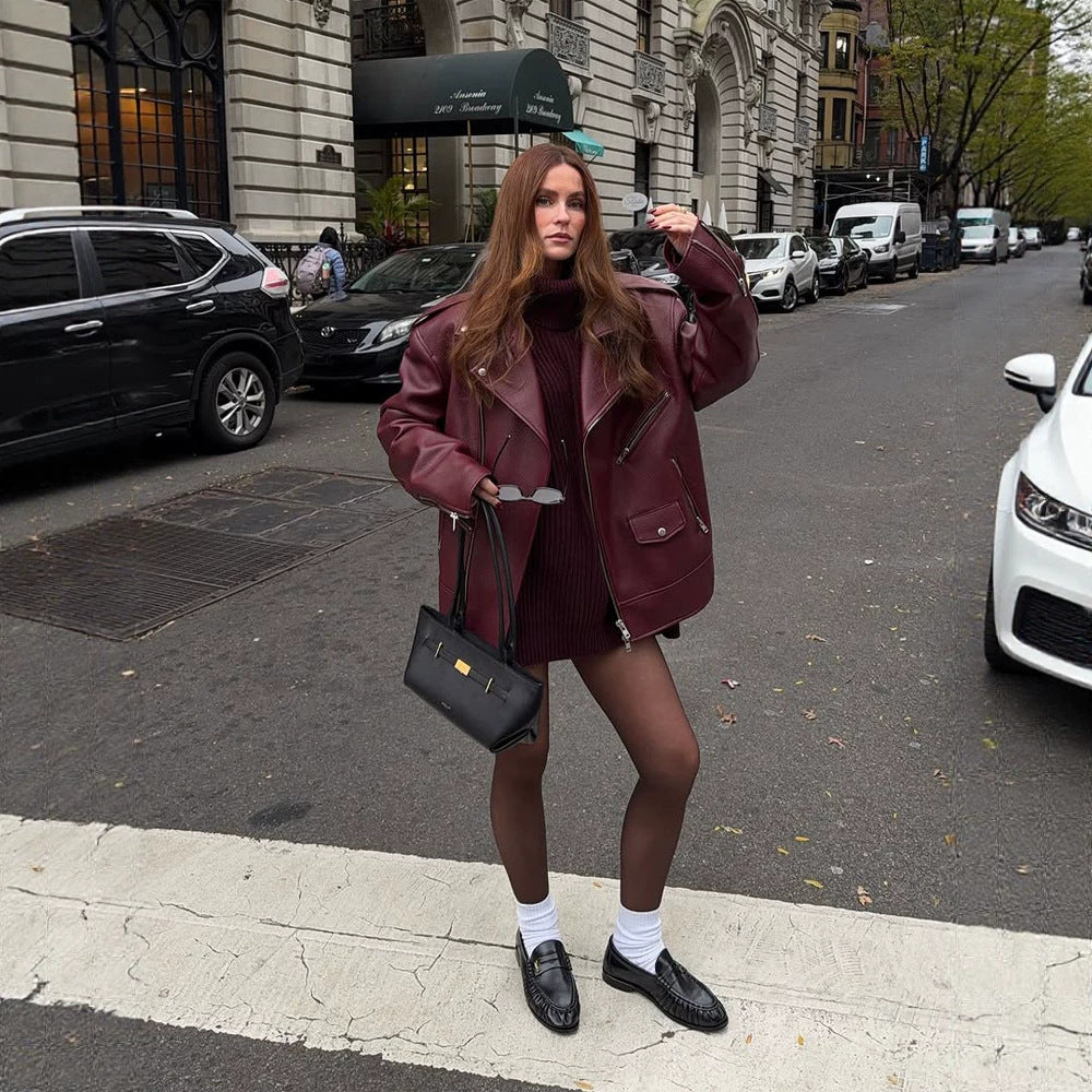 Damen Oversize Bikerjacke aus Struktur-Kunstleder mit asymmetrischem Reißverschluss Nord Taschen