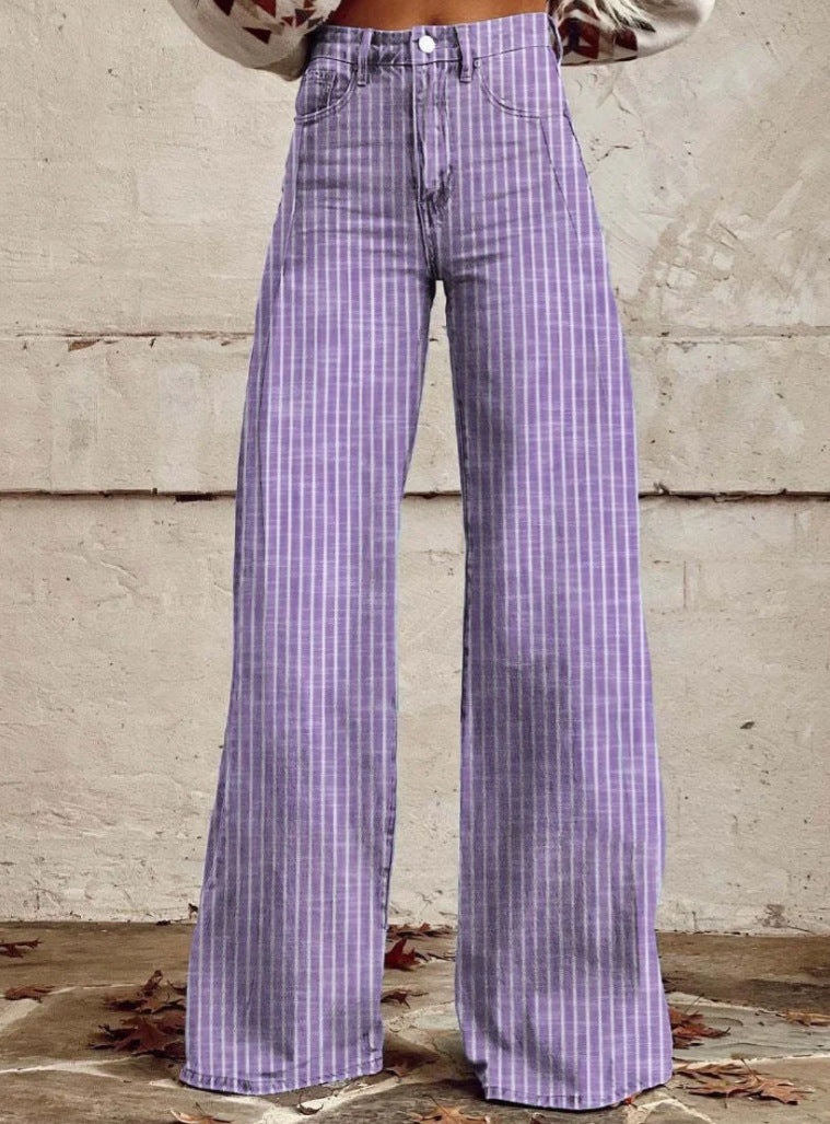 Damen weite Hose mit hohem Bund in Leinenoptik und vertikalen Nadelstreifen Schlaghose Nord Taschen