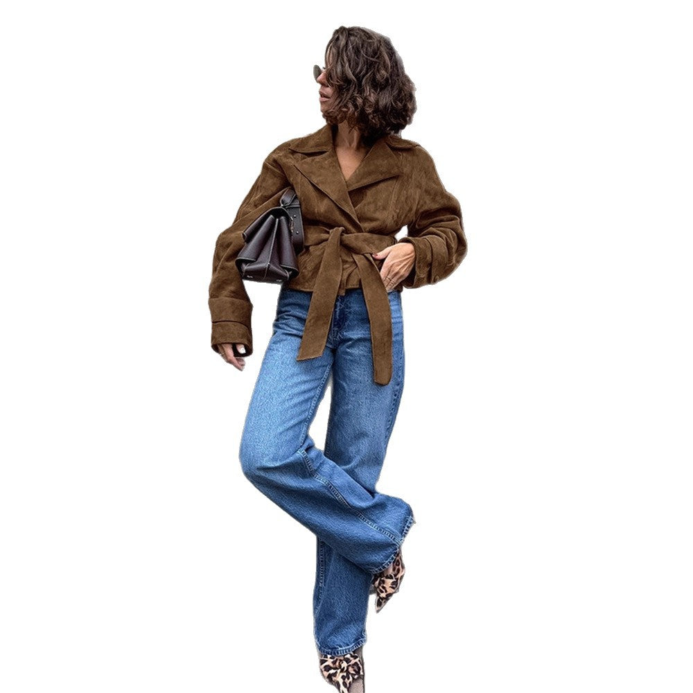 Damen Kurzblouson aus Wildleder‑Look mit Bindegürtel und kastiger Silhouette Nord Taschen