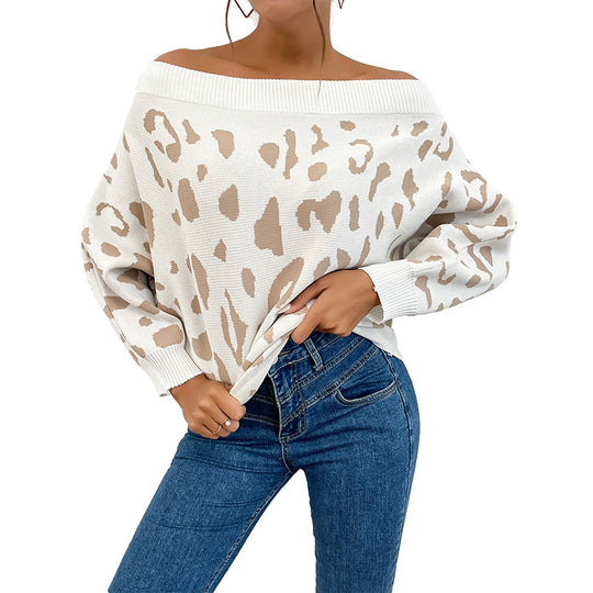 Damen Oversize-Schulterfreier Feinstrickpullover mit Animal-Jacquard und breitem Umschlagkragen Nord Taschen