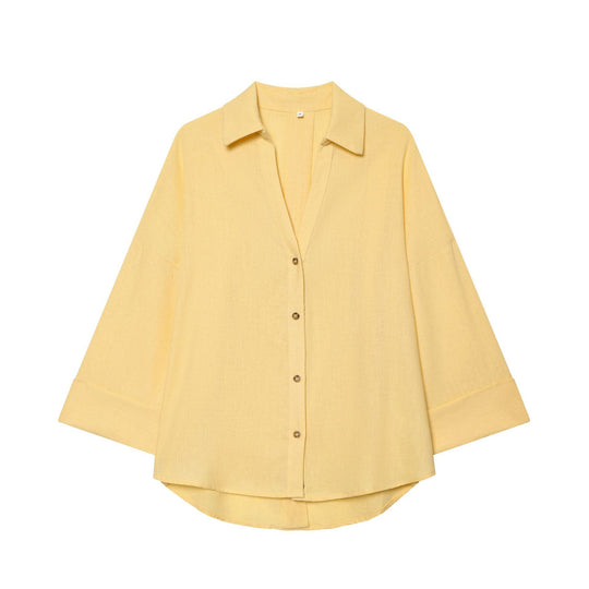 Damen Oversized Leinenbluse mit Kimonoärmeln und durchgehender Knopfleiste Nord Taschen