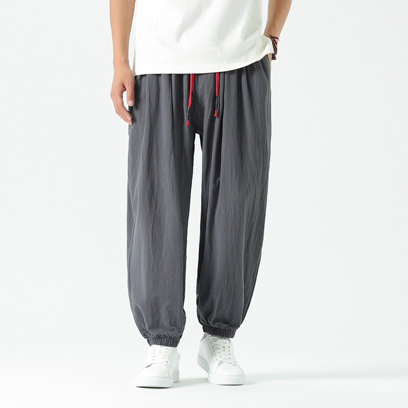 Herren locker geschnittene Leinen-Baumwoll Hose mit Kordelzug und elastischen Bündchen Nord Taschen