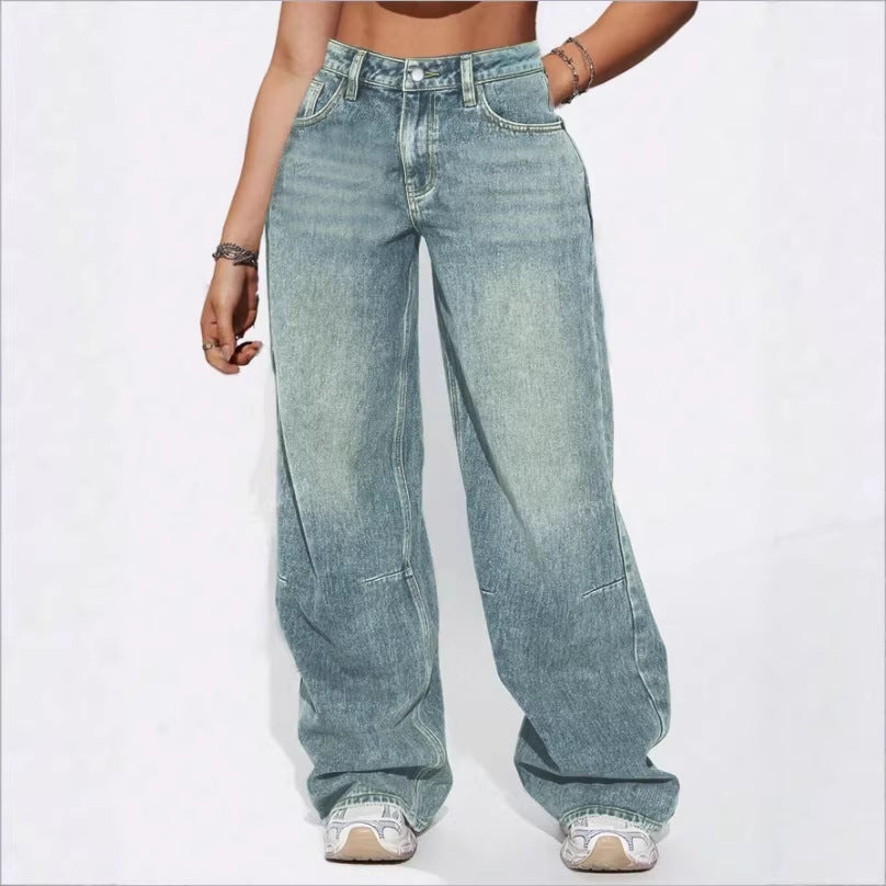 Damen High-Waist Weite Vintage-Denim Baggy-Jeans mit entspanntem Schlag Nord Taschen