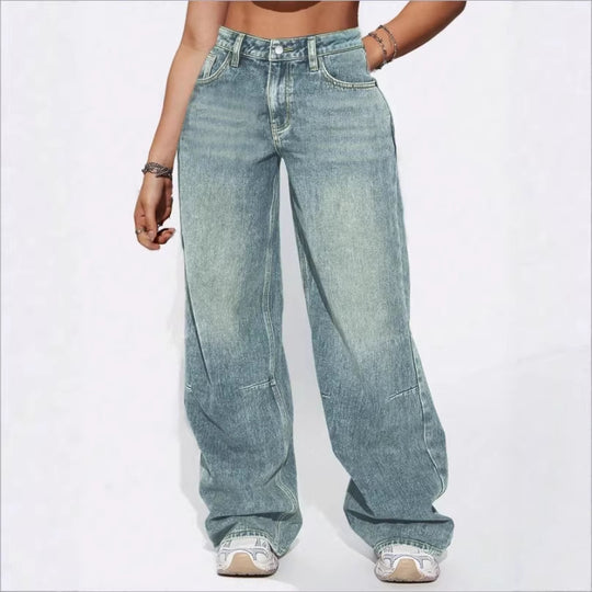 Damen High-Waist Weite Vintage-Denim Baggy-Jeans mit entspanntem Schlag Nord Taschen