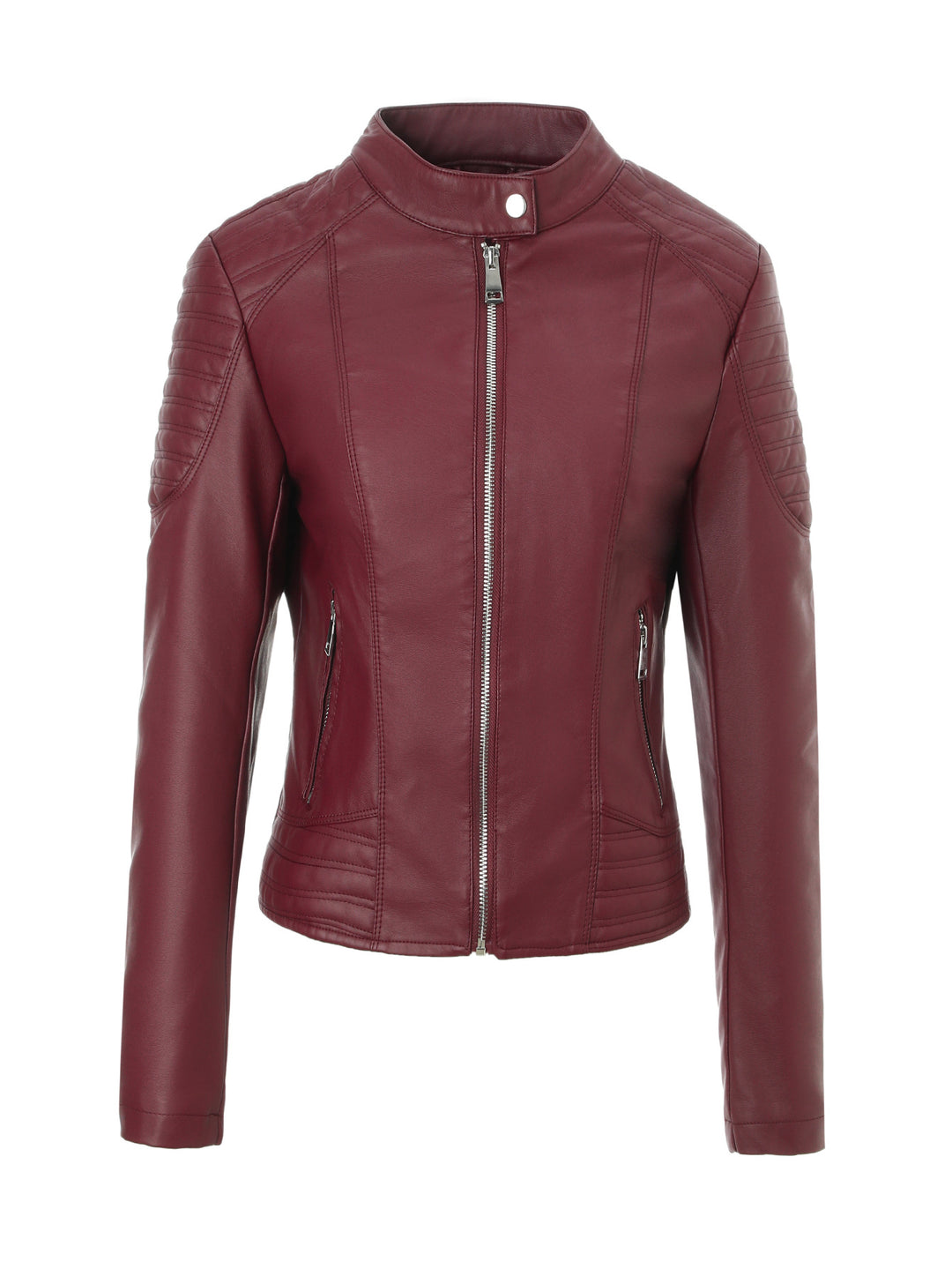 Damen Taillierte Kunstleder-Bikerjacke mit Stehkragen und Stepp-Details Nord Taschen