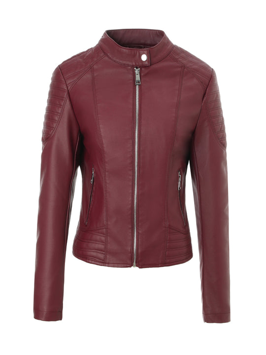 Damen Taillierte Kunstleder-Bikerjacke mit Stehkragen und Stepp-Details Nord Taschen