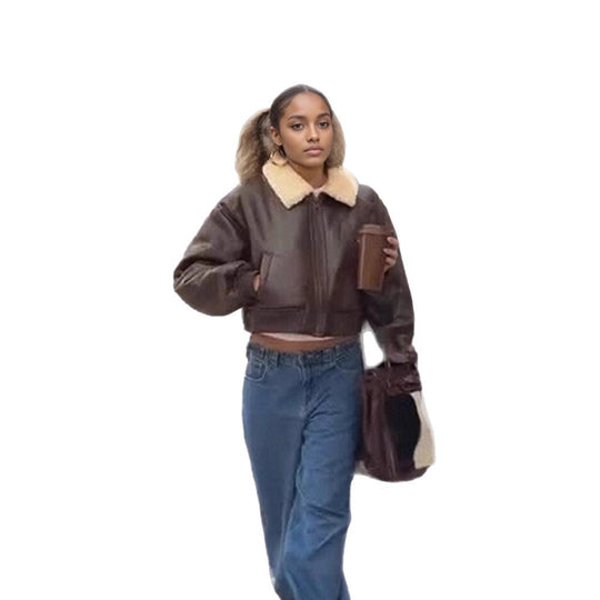 Damen Oversized Fliegerjacke im Biker-Bomber-Stil mit Teddykragen Nord Taschen
