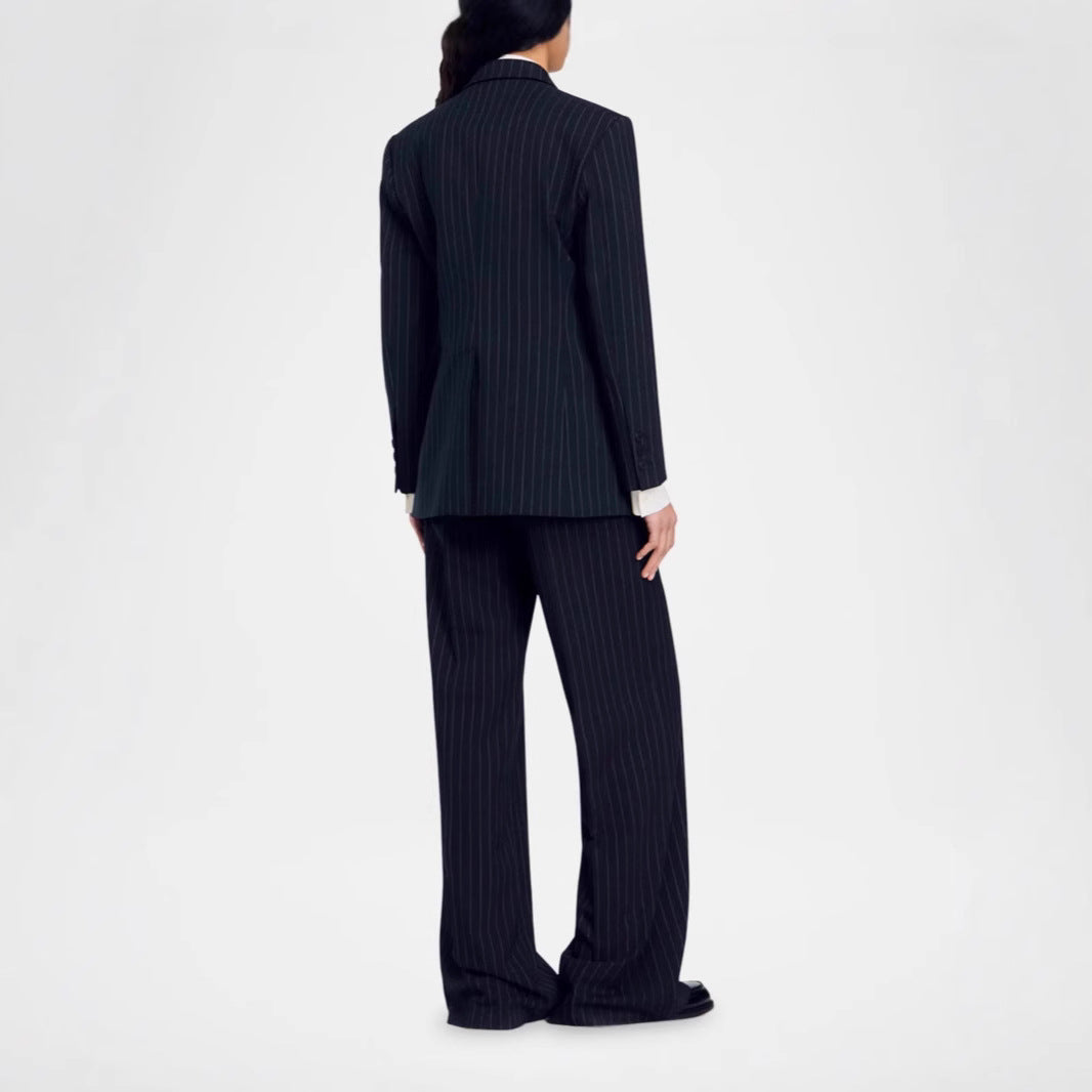 Damen Zweireihiger Nadelstreifen-Hosenanzug mit Oversize-Blazer und weitem Bundfaltenhose Nord Taschen