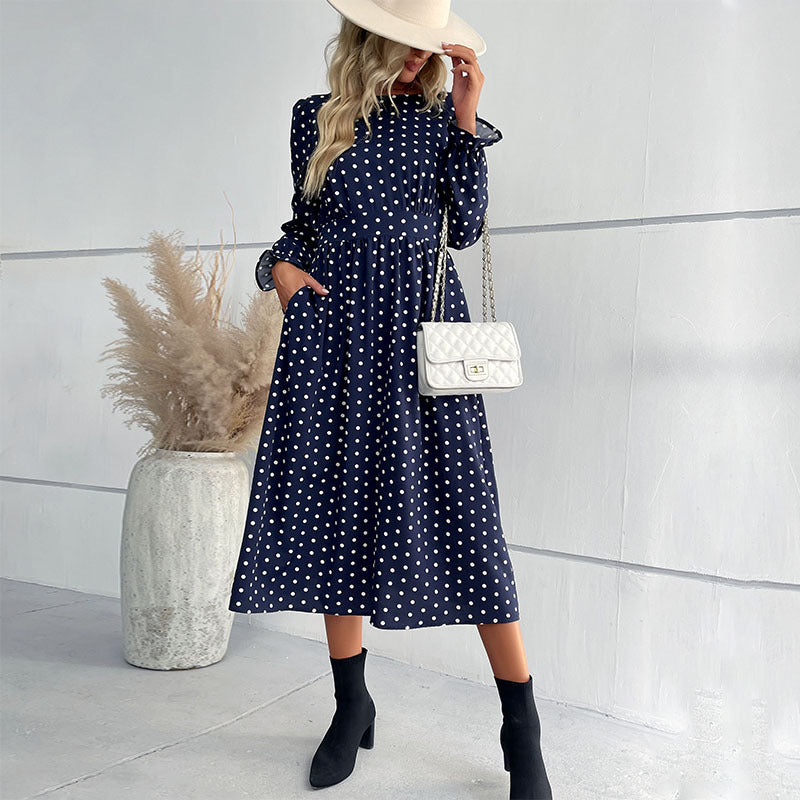 Damen Gepunktetes Midikleid mit geraffter Taille und Ballonärmeln Nord Taschen