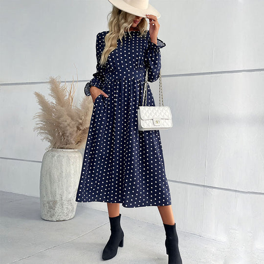 Damen Gepunktetes Midikleid mit geraffter Taille und Ballonärmeln Nord Taschen