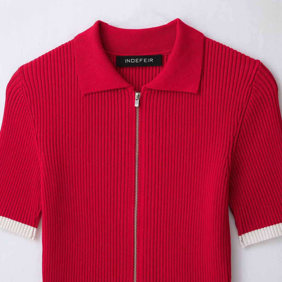 Damen Gerippte Kurzarm-Polo-Strickjacke mit durchgehendem Reißverschluss Nord Taschen