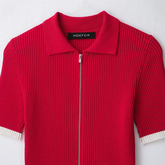 Damen Gerippte Kurzarm-Polo-Strickjacke mit durchgehendem Reißverschluss Nord Taschen