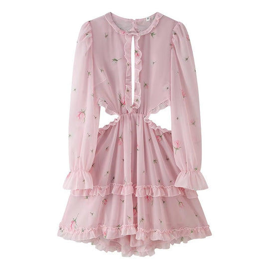 Damen Romantisches Chiffon-Minikleid mit Taillen-Cutouts, Volants und Puffärmeln Nord Taschen
