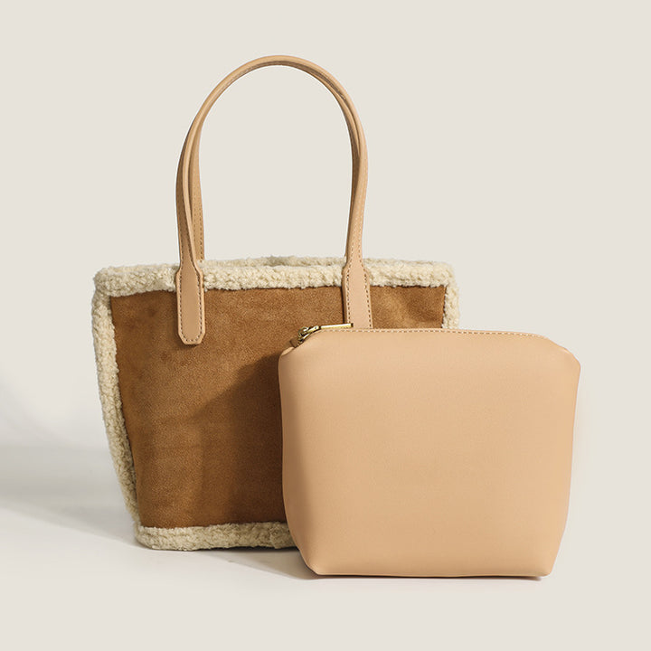 Damen Einkaufstasche aus hochwertigem Wildleder mit schickem Lammfellrand Nord Taschen
