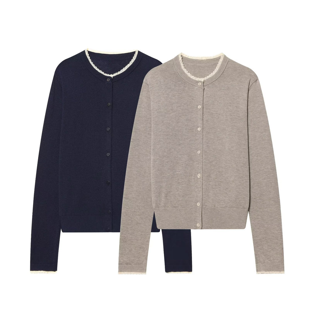 Damen Feinstrick-Cardigan mit Rundhals, Knopfleiste und Spitzenbesatz Nord Taschen