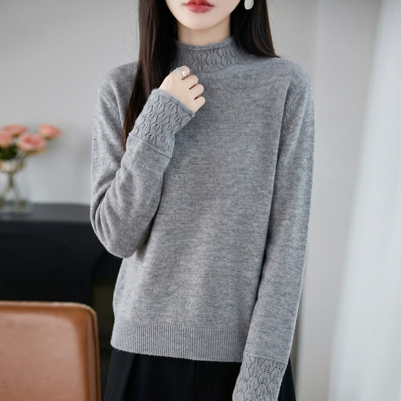 Damen Mockneck-Feinstrickpullover mit Ajour-Detail an Kragen und Bündchen Nord Taschen