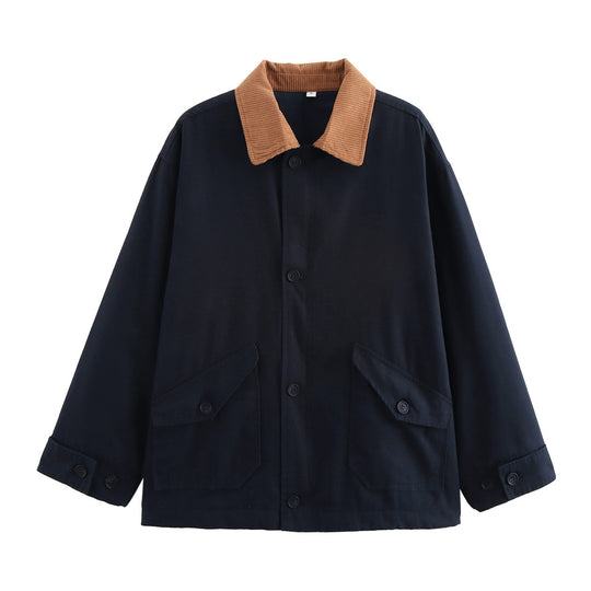 Damen Boxy Baumwoll-Canvas-Jacke mit Cordkragen, Pattentaschen und durchgehender Knopfleiste Nord Taschen