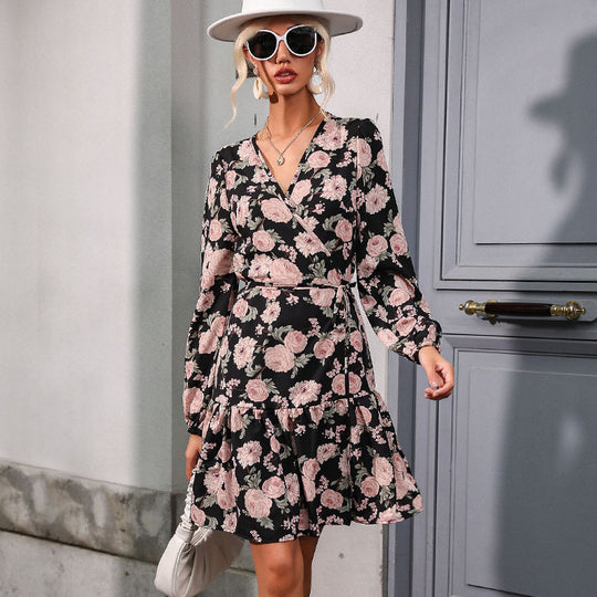 Damen Wickelkleid mit floralem Muster, V-Ausschnitt und Volant-Saum Nord Taschen