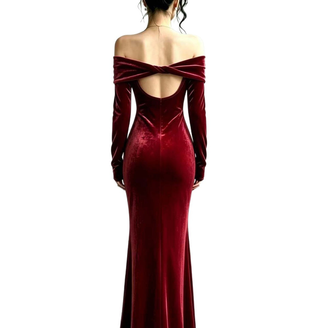 Damen Langes Samtabendkleid mit Carmenausschnitt und tiefem Rückenausschnitt Nord Taschen