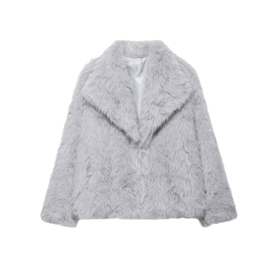 Damen Kurze Faux‑Fur Jacke mit Schalkragen und Boxy‑Schnitt Nord Taschen