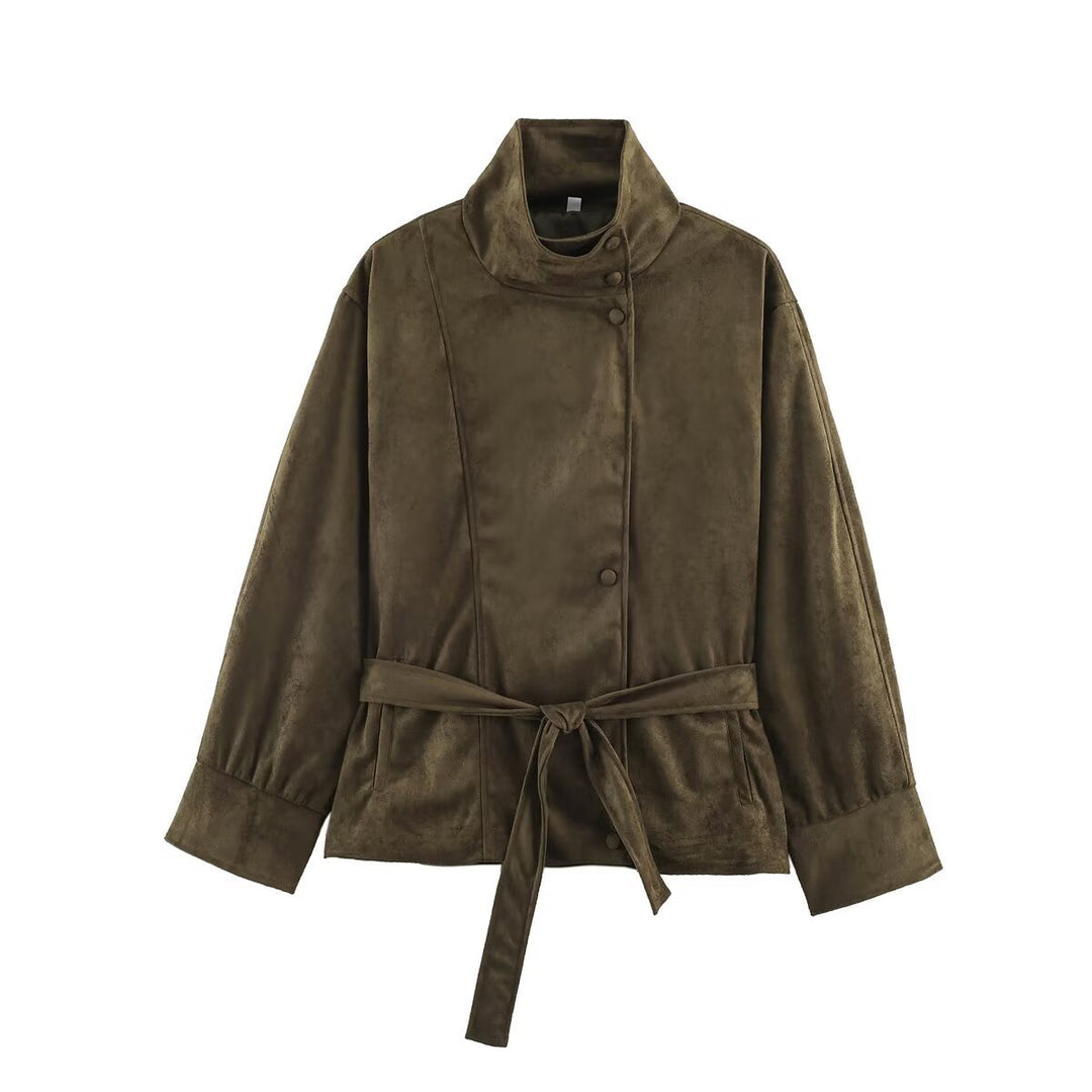 Damen Boxy-Wickeljacke in Veloursoptik mit hohem Stehkragen und Bindegürtel Nord Taschen