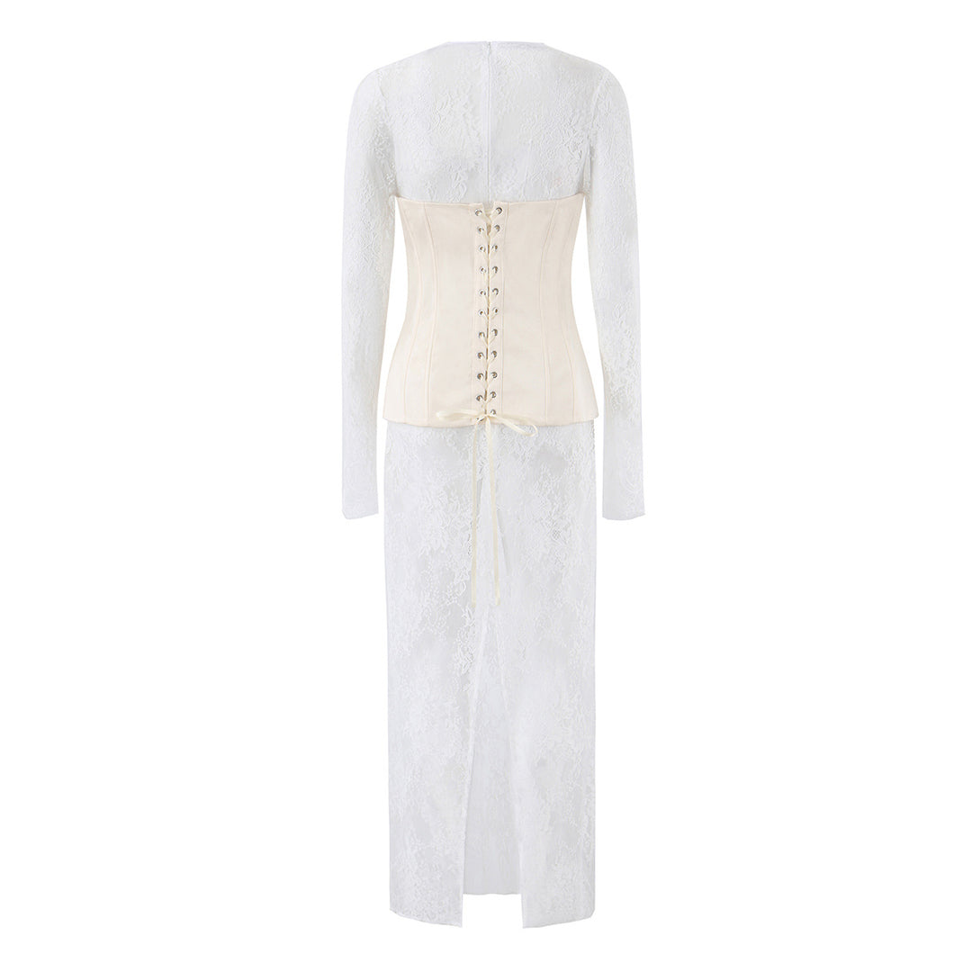 Damen Spitzen‑Maxikleid mit Korsett‑Oberteil und langen Ärmeln Nord Taschen