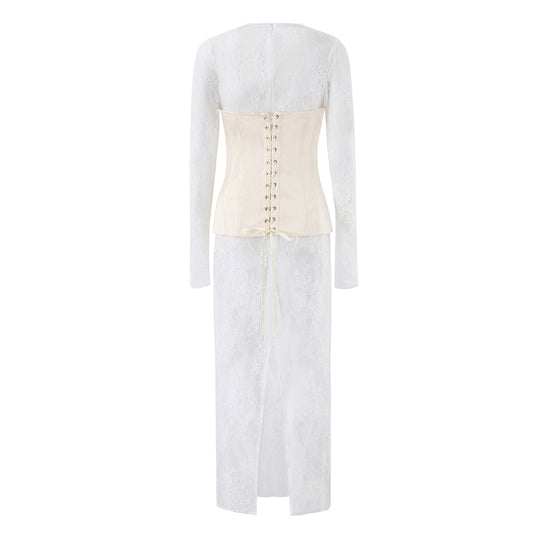 Damen Spitzen‑Maxikleid mit Korsett‑Oberteil und langen Ärmeln Nord Taschen