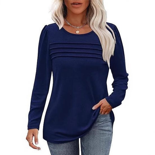 Damen Feines Langarmshirt mit Rundhalsausschnitt, dekorativen Kellerfalten und leicht taillierter A‑Linie Nord Taschen