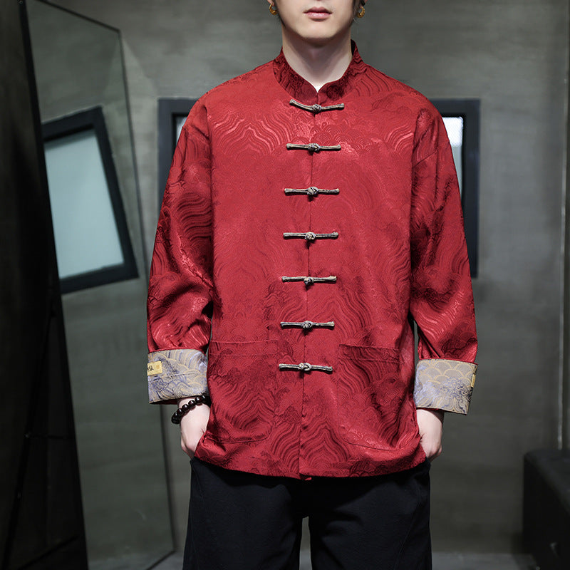 Herren traditionelle Tangjacke mit chinesischem Knotenverschluss und Brokatärmeln Nord Taschen