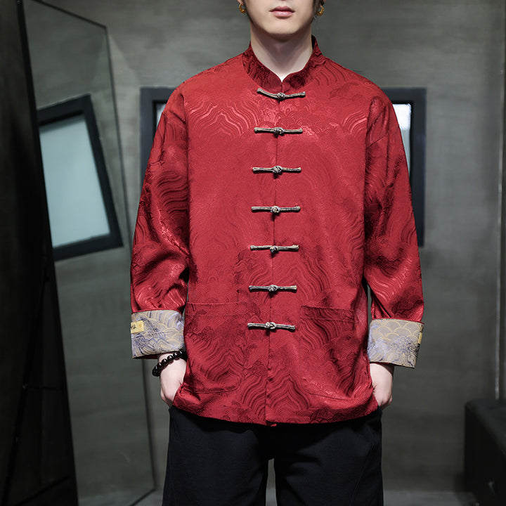 Herren traditionelle Tangjacke mit chinesischem Knotenverschluss und Brokatärmeln Nord Taschen