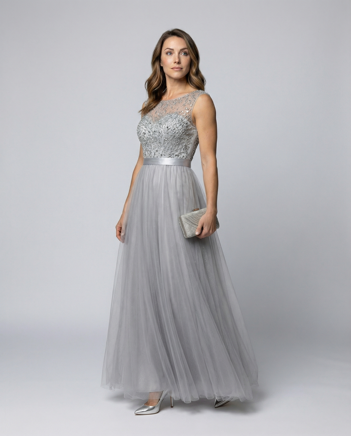 Herz-Ausschnitt Maxi Ombre Grau Kleid mit Schaufel-Bodice