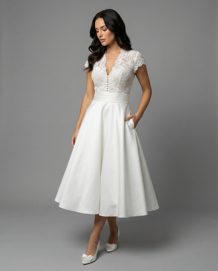 Damen Hochwertiges Hochzeitskleid mit Spitzendetails und schwingendem Rock Nord Taschen