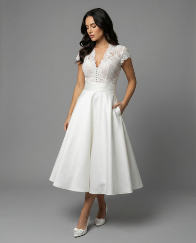 Damen Hochwertiges Hochzeitskleid mit Spitzendetails und schwingendem Rock Nord Taschen