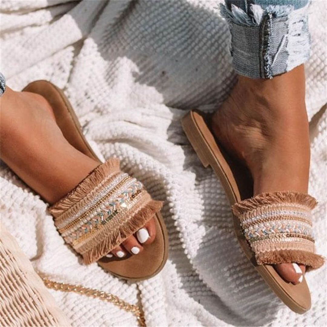 Pantoletten, Boho Stil, Flach, Sandalen, Sommerschuhe