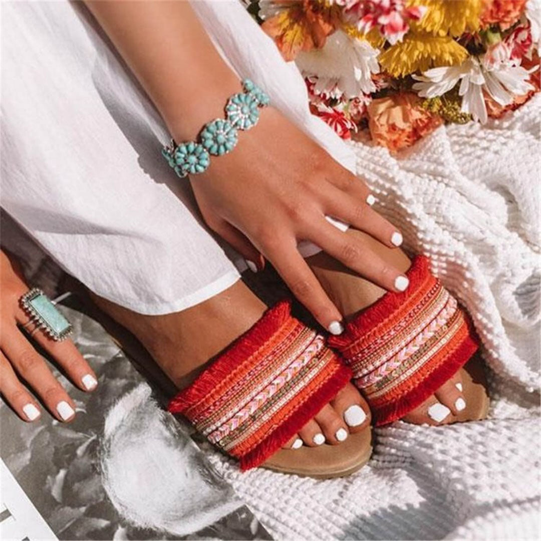 Pantoletten, Boho Stil, Flach, Sandalen, Sommerschuhe