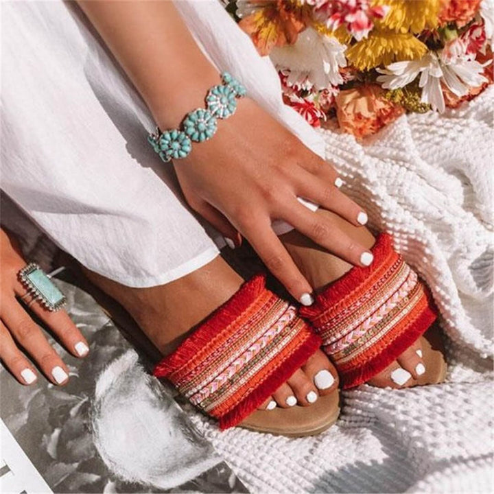 Pantoletten, Boho Stil, Flach, Sandalen, Sommerschuhe