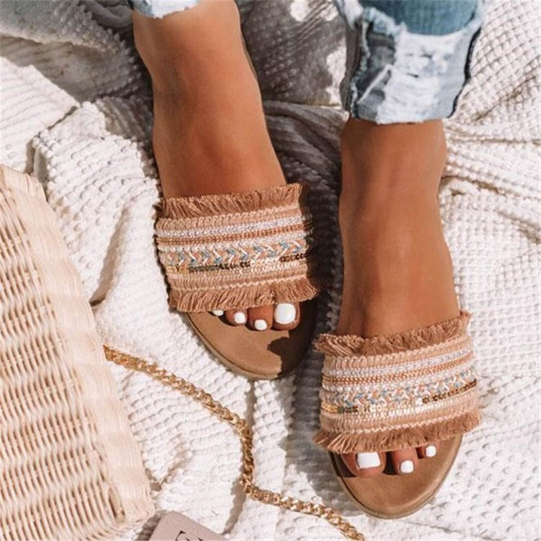 Pantoletten, Boho Stil, Flach, Sandalen, Sommerschuhe