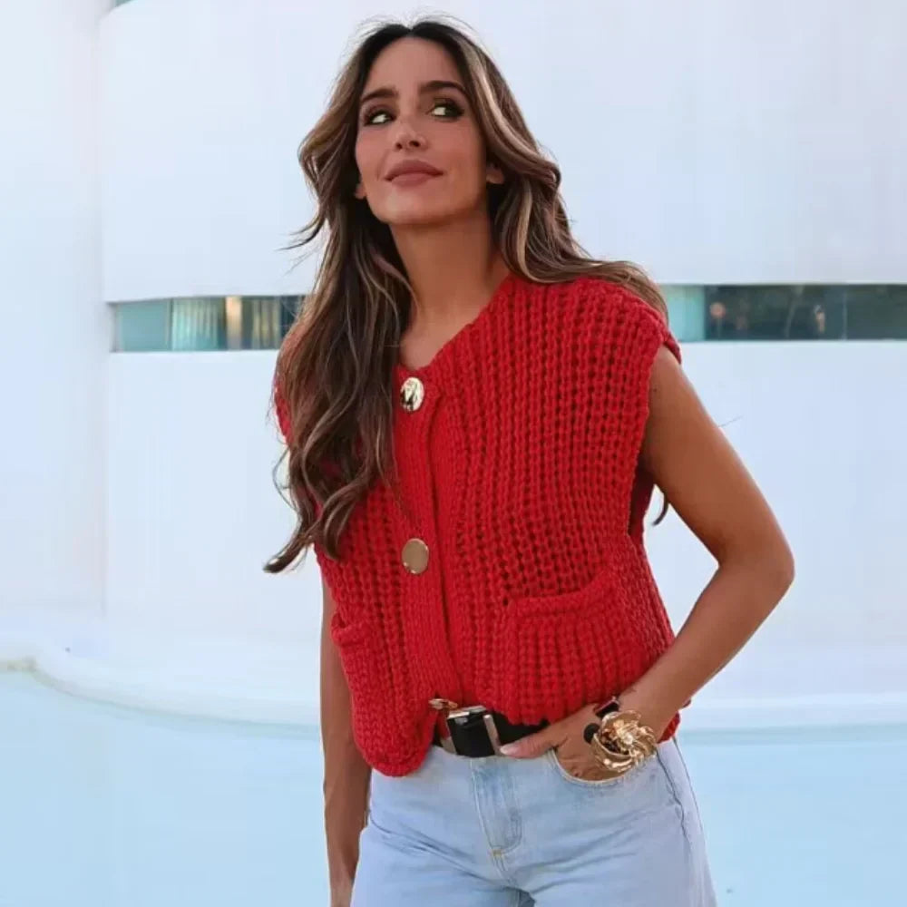 Nord Taschen | Ärmelloses Gilet - Lässig - Gestrickt - Sommer