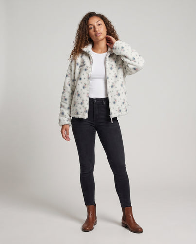 Damen Fleecejacke mit durchgehendem Blumenmuster, Reißverschluss und Stehkragen Nord Taschen