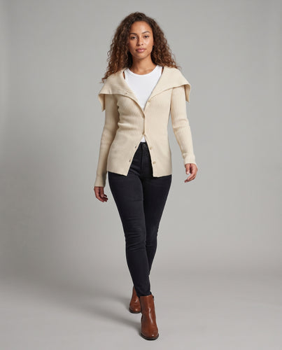Damen Gerippter Strickcardigan mit umlegbarem Schulterkragen und Knopfleiste Nord Taschen