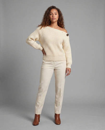 Damen Oversize Off-Shoulder Grobgerippter Pullover mit Ballonärmeln und lässiger Schulterpartie Nord Taschen