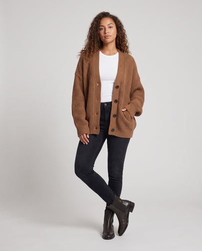 Damen Oversize-Rippstrick-Cardigan mit tiefem V-Ausschnitt, voluminösen Ärmeln und breiter Knopfleiste Nord Taschen