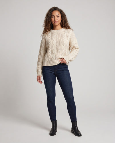 Damen Oversize Zopfmuster-Pullover mit grober Struktur und Rundhalsausschnitt Nord Taschen