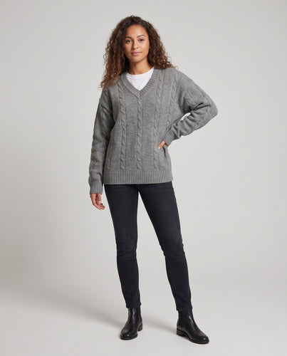Damen Oversized V-Ausschnitt Grobstrickpullover mit verlängerten Ärmeln Nord Taschen