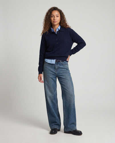 Damen Polokragen-Pullover mit Knopfleiste und lockerer Passform Nord Taschen