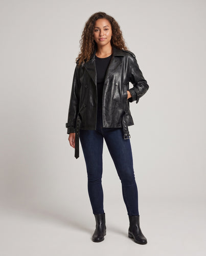 Damen Übergroße Double-Breasted Kunstlederjacke mit Taillengürtel und Glanzfinish Nord Taschen