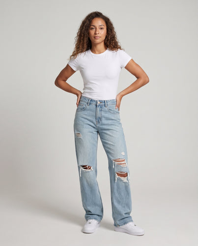 Damen weite Vintage-Jeans mit Used-Effekt, Rissen und geradem Bein Nord Taschen