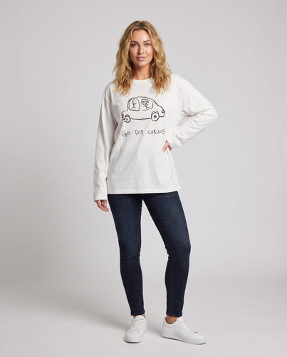 Damen Langärmeliges Oversize-Printshirt mit Rundhalsausschnitt Nord Taschen